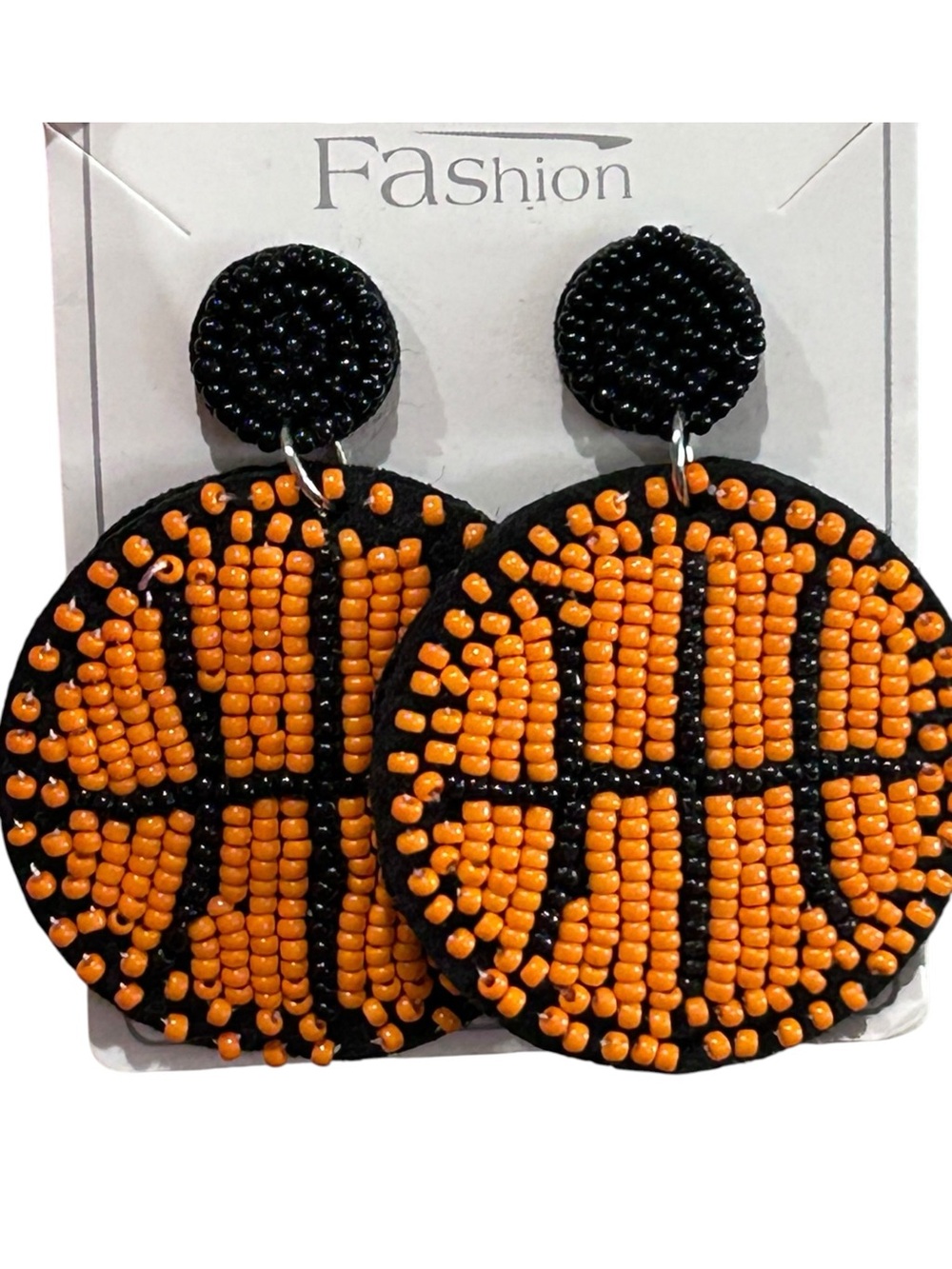 Handmade Beaded Basketball Statement Earrings Orange Black New - Picture 3 of 4